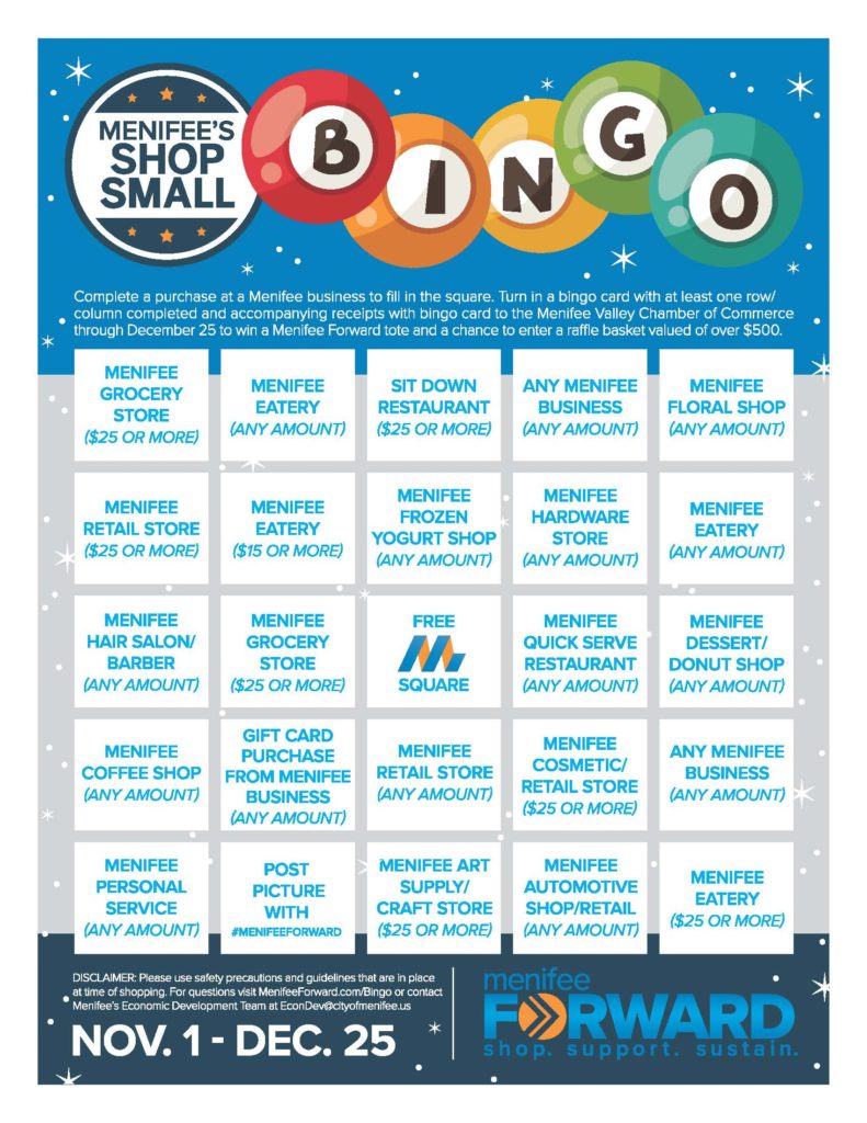 Flyer: Menifee's Shop Small Bingo - Nov 1 - Dev 24, 2021
