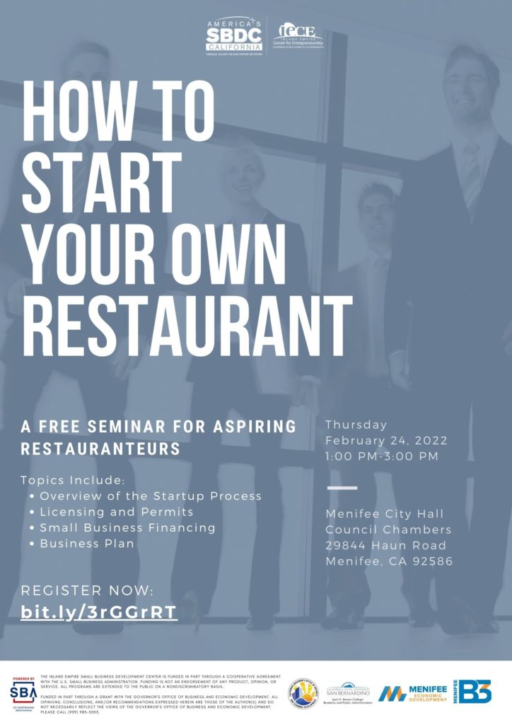 Thumbnail: 'How to Start Your own Restaurant' Course - Thursday February 24, 2022 @ Menifee City Hall