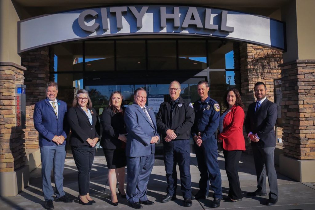 The Menifee City Leadership Team poses for a group photo in front of the entrance to City Hall