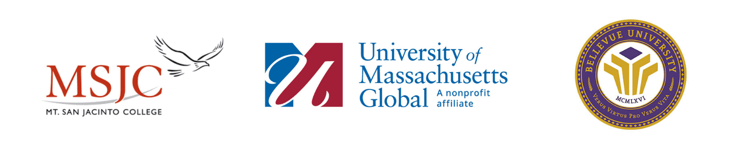 Thumbnail with college logos MSJC, University of Mass Global and Bellevue University