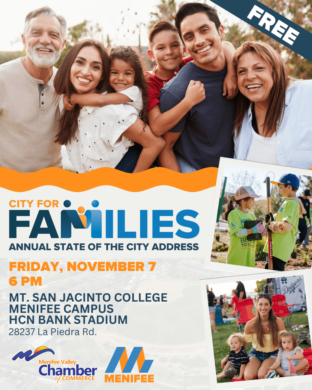 Promotional flyer for Menifee’s City for Families event, showing diverse families smiling and participating in outdoor activities, with State of the City event details listed below.